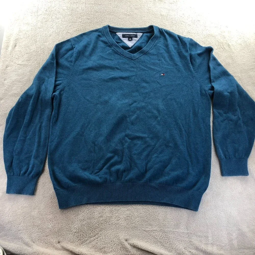 Tommy Hilfiger Mens Sweater XL Blue V-Neck Long Sleeve Classic Pullover Knit